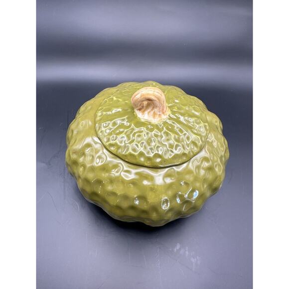 Vintage Realistic Olive Green Ceramic Gourd Lidded Box by Stone Lite Fall Decor - Picture 3 of 7